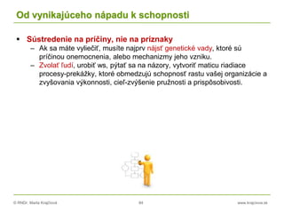 © RNDr. Marta Krajčíová 84 www.krajciova.sk
Od vynikajúceho nápadu k schopnosti
 Sústredenie na príčiny, nie na príznaky
– Ak sa máte vyliečiť, musíte najprv nájsť genetické vady, ktoré sú
príčinou onemocnenia, alebo mechanizmy jeho vzniku.
– Zvolať ľudí, urobiť ws, pýtať sa na názory, vytvoriť maticu riadiace
procesy-prekážky, ktoré obmedzujú schopnosť rastu vašej organizácie a
zvyšovania výkonnosti, cieľ-zvýšenie pružnosti a prispôsobivosti.
 