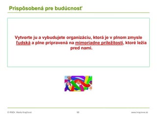 © RNDr. Marta Krajčíová 98 www.krajciova.sk
Prispôsobená pre budúcnosť
Vytvorte ju a vybudujete organizáciu, ktorá je v plnom zmysle
ľudská a plne pripravená na mimoriadne príležitosti, ktoré ležia
pred nami.
 
