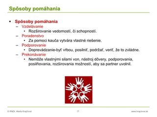 © RNDr. Marta Krajčíová 17 www.krajciova.sk
Spôsoby pomáhania
 Spôsoby pomáhania
– Vzdelávanie
• Rozširovanie vedomostí, či schopností.
– Poradenstvo
• Za pomoci kauča vytvára vlastné riešenie.
– Podporovanie
• Doprevádzanie-byť vŕbou, posilniť, podržať, veriť, že to zvládne.
– Prekonávanie
• Nemôže vlastnými silami von, nástroj dôvery, podporovania,
posilňovania, rozširovania možností, aby sa partner uvolnil.
 