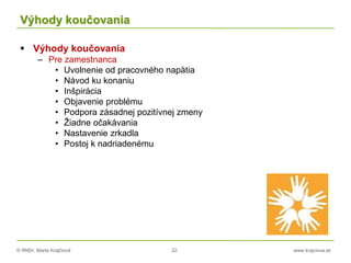 © RNDr. Marta Krajčíová 22 www.krajciova.sk
Výhody koučovania
 Výhody koučovania
– Pre zamestnanca
• Uvolnenie od pracovného napätia
• Návod ku konaniu
• Inšpirácia
• Objavenie problému
• Podpora zásadnej pozitívnej zmeny
• Žiadne očakávania
• Nastavenie zrkadla
• Postoj k nadriadenému
 