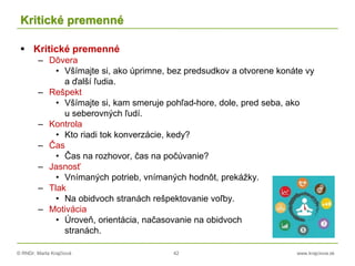 © RNDr. Marta Krajčíová 42 www.krajciova.sk
Kritické premenné
 Kritické premenné
– Dôvera
• Všímajte si, ako úprimne, bez predsudkov a otvorene konáte vy
a ďalší ľudia.
– Rešpekt
• Všímajte si, kam smeruje pohľad-hore, dole, pred seba, ako
u seberovných ľudí.
– Kontrola
• Kto riadi tok konverzácie, kedy?
– Čas
• Čas na rozhovor, čas na počúvanie?
– Jasnosť
• Vnímaných potrieb, vnímaných hodnôt, prekážky.
– Tlak
• Na obidvoch stranách rešpektovanie voľby.
– Motivácia
• Úroveň, orientácia, načasovanie na obidvoch
stranách.
 