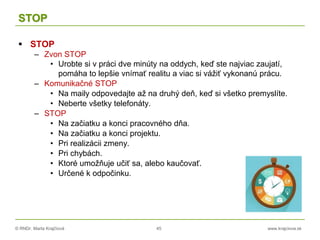 © RNDr. Marta Krajčíová 45 www.krajciova.sk
STOP
 STOP
– Zvon STOP
• Urobte si v práci dve minúty na oddych, keď ste najviac zaujatí,
pomáha to lepšie vnímať realitu a viac si vážiť vykonanú prácu.
– Komunikačné STOP
• Na maily odpovedajte až na druhý deň, keď si všetko premyslíte.
• Neberte všetky telefonáty.
– STOP
• Na začiatku a konci pracovného dňa.
• Na začiatku a konci projektu.
• Pri realizácii zmeny.
• Pri chybách.
• Ktoré umožňuje učiť sa, alebo kaučovať.
• Určené k odpočinku.
 