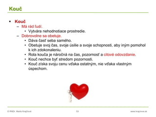 © RNDr. Marta Krajčíová 53 www.krajciova.sk
Kouč
 Kouč
– Má rád ľudí.
• Vytvára nehodnotiace prostredie.
– Dobrovolne sa obetuje.
• Dáva časť seba samého.
• Obetuje svoj čas, svoje úsilie a svoje schopnosti, aby iným pomohol
k ich zdokonaleniu.
• Rola kouča je náročná na čas, pozornosť a citové odovzdanie.
• Kouč nechce byť stredom pozornosti.
• Kouč získa svoju cenu vďaka ostatným, nie vďaka vlastným
úspechom.
 