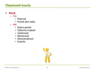 © RNDr. Marta Krajčíová 58 www.krajciova.sk
Vlastnosti kouča
 Kouč
– Vie
• Počúvať
• Pozná sám seba
– Má
• Dobrú pamäť
• Odborné znalosti
• Vedomosti
• Skúsenosti
• Dôveryhodnosť
• Autoritu
 