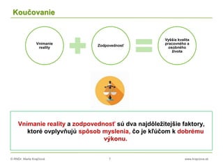 © RNDr. Marta Krajčíová 7 www.krajciova.sk
Koučovanie
Vnímanie
reality
Zodpovednosť
Vyššia kvalita
pracovného a
osobného
života
Vnímanie reality a zodpovednosť sú dva najdôležitejšie faktory,
ktoré ovplyvňujú spôsob myslenia, čo je kľúčom k dobrému
výkonu.
 