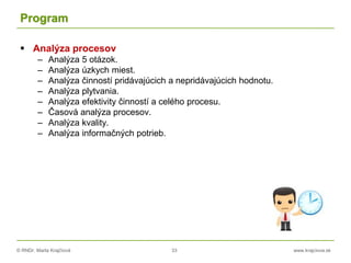 © RNDr. Marta Krajčíová 33 www.krajciova.sk
Program
 Analýza procesov
– Analýza 5 otázok.
– Analýza úzkych miest.
– Analýza činností pridávajúcich a nepridávajúcich hodnotu.
– Analýza plytvania.
– Analýza efektivity činností a celého procesu.
– Časová analýza procesov.
– Analýza kvality.
– Analýza informačných potrieb.
 