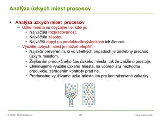 © RNDr. Marta Krajčíová 39 www.krajciova.sk
Analýza úzkych miest procesov
 Analýza úzkych miest procesov
– Úzke miesta sú obyčajne tie, kde je:
• Najväčšia rozpracovanosť.
• Najväčšie zásoby.
• Najväčší dopyt po produktoch/výsledkoch ich činnosti.
– Využitie úzkych miest je možné zlepšiť:
• Najskôr preverením, či vo všetkých prípadoch je potrebný prechod
úzkym miestom.
• Zvýšením produkčného čas úzkeho miesta, tak že znížime prestoje.
• Eliminujeme využitie úzkeho miesta, na vopred istú nezhodnú
produkciu, zaradením kontroly pred ne.
• Prednostne využívame úzke miesta len pre kontrahované zákazky.
 