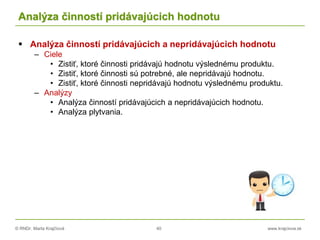 © RNDr. Marta Krajčíová 40 www.krajciova.sk
Analýza činností pridávajúcich hodnotu
 Analýza činností pridávajúcich a nepridávajúcich hodnotu
– Ciele
• Zistiť, ktoré činnosti pridávajú hodnotu výslednému produktu.
• Zistiť, ktoré činnosti sú potrebné, ale nepridávajú hodnotu.
• Zistiť, ktoré činnosti nepridávajú hodnotu výslednému produktu.
– Analýzy
• Analýza činností pridávajúcich a nepridávajúcich hodnotu.
• Analýza plytvania.
 