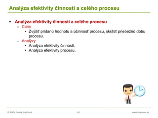 © RNDr. Marta Krajčíová 45 www.krajciova.sk
Analýza efektivity činností a celého procesu
 Analýza efektivity činností a celého procesu
– Ciele
• Zvýšiť pridanú hodnotu a účinnosť procesu, skrátiť priebežnú dobu
procesu.
– Analýzy
• Analýza efektivity činností.
• Analýza efektivity procesu.
 
