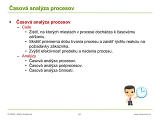 © RNDr. Marta Krajčíová 46 www.krajciova.sk
Časová analýza procesov
 Časová analýza procesov
– Ciele
• Zistiť, na ktorých miestach v procese dochádza k časovému
zdŕžaniu.
• Skrátiť priemernú dobu trvania procesu a zaistiť rýchlu reakciu na
požiadavky zákazníka.
• Zvýšiť efektívnosť priebehu a riadenia procesu.
– Analýzy
• Časová analýza procesov.
• Časová analýza podprocesov.
• Časová analýza činností.
 