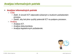 © RNDr. Marta Krajčíová 49 www.krajciova.sk
Analýza informačných potrieb
 Analýza informačných potrieb
– Ciele
• Zistiť, či úroveň ICT odpovedá súčasným a budúcim požiadavkám
procesu.
• Zaistiť, aby bol plne využitý potenciál ICT na podporu procesov.
– Analýzy
• Analýza ICT.
• Analýza dokumentácie.
• Analýza legislatívnych požiadaviek.
 