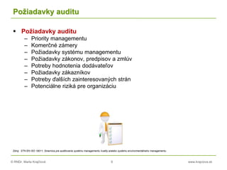 © RNDr. Marta Krajčíová 9 www.krajciova.sk
Požiadavky auditu
 Požiadavky auditu
– Priority managementu
– Komerčné zámery
– Požiadavky systému managementu
– Požiadavky zákonov, predpisov a zmlúv
– Potreby hodnotenia dodávateľov
– Požiadavky zákazníkov
– Potreby ďalších zainteresovaných strán
– Potenciálne riziká pre organizáciu
Zdroj: STN EN ISO 19011, Smernica pre auditovanie systému managementu kvality a/alebo systému environmentálneho managementu
 