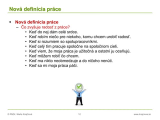 © RNDr. Marta Krajčíová 12 www.krajciova.sk
Nová definícia práce
 Nová definícia práce
– Čo zvyšuje radosť z práce?
• Keď do nej dám celé srdce.
• Keď robím niečo pre niekoho, komu chcem urobiť radosť.
• Keď si rozumiem so spolupracovníkmi.
• Keď celý tím pracuje spoločne na spoločnom cieli.
• Keď viem, že moja práca je užitočná a ostatní ju oceňujú.
• Keď môžem robiť čo chcem.
• Keď ma nikto neobmedzuje a do ničoho nenúti.
• Keď sa mi moja práca páči.
 