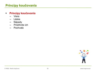 © RNDr. Marta Krajčíová 30 www.krajciova.sk
Princípy koučovania
 Princípy koučovania
– Viera
– Láska
– Nápady
– Pristihnite ich
– Pochvala
 