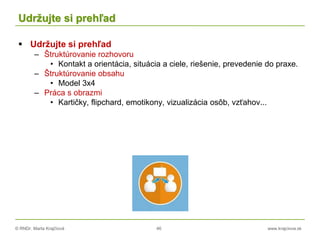 © RNDr. Marta Krajčíová 46 www.krajciova.sk
Udržujte si prehľad
 Udržujte si prehľad
– Štruktúrovanie rozhovoru
• Kontakt a orientácia, situácia a ciele, riešenie, prevedenie do praxe.
– Štruktúrovanie obsahu
• Model 3x4
– Práca s obrazmi
• Kartičky, flipchard, emotikony, vizualizácia osôb, vzťahov...
 