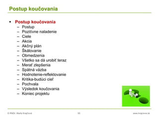© RNDr. Marta Krajčíová 55 www.krajciova.sk
Postup koučovania
 Postup koučovania
– Postup
– Pozitívne naladenie
– Ciele
– Akcia
– Akčný plán
– Škálovanie
– Obmedzenia
– Všetko sa dá urobiť teraz
– Merať zlepšenia
– Spätná väzba
– Hodnotenie-reflektovanie
– Kritika-budúci cieľ
– Pochvala
– Výsledok koučovania
– Koniec projektu
 