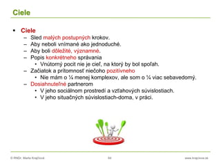 © RNDr. Marta Krajčíová 64 www.krajciova.sk
Ciele
 Ciele
– Sled malých postupných krokov.
– Aby neboli vnímané ako jednoduché.
– Aby boli dôležité, významné.
– Popis konkrétneho správania
• Vnútorný pocit nie je cieľ, na ktorý by bol spoľah.
– Začiatok a prítomnosť niečoho pozitívneho
• Nie mám o ¼ menej komplexov, ale som o ¼ viac sebavedomý.
– Dosiahnuteľné partnerom
• V jeho sociálnom prostredí a vzťahových súvislostiach.
• V jeho situačných súvislostiach-doma, v práci.
 