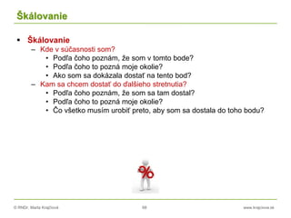 © RNDr. Marta Krajčíová 68 www.krajciova.sk
Škálovanie
 Škálovanie
– Kde v súčasnosti som?
• Podľa čoho poznám, že som v tomto bode?
• Podľa čoho to pozná moje okolie?
• Ako som sa dokázala dostať na tento bod?
– Kam sa chcem dostať do ďalšieho stretnutia?
• Podľa čoho poznám, že som sa tam dostal?
• Podľa čoho to pozná moje okolie?
• Čo všetko musím urobiť preto, aby som sa dostala do toho bodu?
 