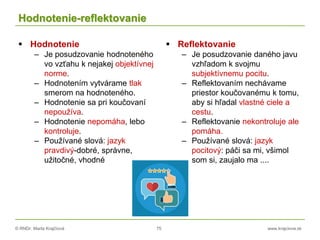 © RNDr. Marta Krajčíová 75 www.krajciova.sk
Hodnotenie-reflektovanie
 Hodnotenie
– Je posudzovanie hodnoteného
vo vzťahu k nejakej objektívnej
norme.
– Hodnotením vytvárame tlak
smerom na hodnoteného.
– Hodnotenie sa pri koučovaní
nepoužíva.
– Hodnotenie nepomáha, lebo
kontroluje.
– Používané slová: jazyk
pravdivý-dobré, správne,
užitočné, vhodné
 Reflektovanie
– Je posudzovanie daného javu
vzhľadom k svojmu
subjektívnemu pocitu.
– Reflektovaním nechávame
priestor koučovanému k tomu,
aby si hľadal vlastné ciele a
cestu.
– Reflektovanie nekontroluje ale
pomáha.
– Používané slová: jazyk
pocitový: páči sa mi, všimol
som si, zaujalo ma ....
 