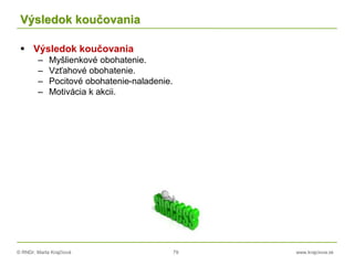 © RNDr. Marta Krajčíová 79 www.krajciova.sk
Výsledok koučovania
 Výsledok koučovania
– Myšlienkové obohatenie.
– Vzťahové obohatenie.
– Pocitové obohatenie-naladenie.
– Motivácia k akcii.
 