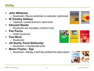 © RNDr. Marta Krajčíová 81 www.krajciova.sk
Knihy
 John Whitmore
– Koučování, Rozvoj osobnosti a zvyšování výkonnosti
 W.Timothy Gallwey
– Tajemství vysoké pracovní výkonnosti
 Edouard Stacke
– Koučování pro manažéry a firemní tímy
 Petr Parma
– Umění koučovat
 Paul Birch
– Koučování
 Jiři Suchý, Pavel Náhlovský
– Koučování v manažerské praxi
 Maren Fischer - Epe
– Koučování, Zásady a techniky profesního doprovázení
 