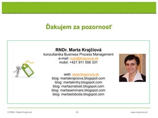 © RNDr. Marta Krajčíová 83 www.krajciova.sk
RNDr. Marta Krajčíová
konzultantka Business Process Management
e-mail: mail@krajciova.sk
mobil: +421 911 556 331
web: www.krajciova.sk
blog: martakrajciova.blogspot.com
blog: martaknihy.blogspot.com
blog: martaznalosti.blogspot.com
blog: martaseminare.blogspot.com
blog: martasloboda.blogspot.com
Ďakujem za pozornosť
 