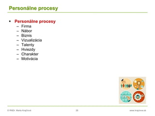 © RNDr. Marta Krajčíová 26 www.krajciova.sk
Personálne procesy
 Personálne procesy
– Firma
– Nábor
– Biznis
– Vizualizácia
– Talenty
– Hviezdy
– Charakter
– Motivácia
 
