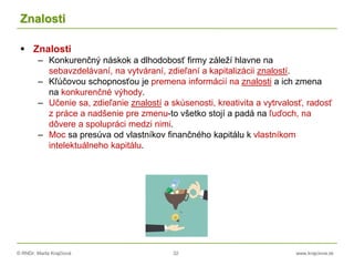 © RNDr. Marta Krajčíová 32 www.krajciova.sk
Znalosti
 Znalosti
– Konkurenčný náskok a dlhodobosť firmy záleží hlavne na
sebavzdelávaní, na vytváraní, zdieľaní a kapitalizácii znalostí.
– Kľúčovou schopnosťou je premena informácií na znalosti a ich zmena
na konkurenčné výhody.
– Učenie sa, zdieľanie znalostí a skúsenosti, kreativita a vytrvalosť, radosť
z práce a nadšenie pre zmenu-to všetko stojí a padá na ľuďoch, na
dôvere a spolupráci medzi nimi.
– Moc sa presúva od vlastníkov finančného kapitálu k vlastníkom
intelektuálneho kapitálu.
 
