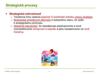 © RNDr. Marta Krajčíová 5 www.krajciova.sk
Strategické procesy
 Strategická zotrvačnosť
– Tendencia tímu vedenia popierať či prehliadať potrebu zmeny stratégie.
– Nedostatok príťažlivých alternatív k súčasnému stavu, čo vedie
k strategickému ochrnutiu.
– Alokačná nepružnosť, čo nepodporuje preskupovanie a nové
rozmiestňovanie schopností a kapitálu a jeho nasadzovanie na nové
iniciatívy.
 