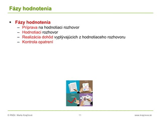© RNDr. Marta Krajčíová 11 www.krajciova.sk
Fázy hodnotenia
 Fázy hodnotenia
– Príprava na hodnotiaci rozhovor
– Hodnotiaci rozhovor
– Realizácia dohôd vyplývajúcich z hodnotiaceho rozhovoru
– Kontrola opatrení
 