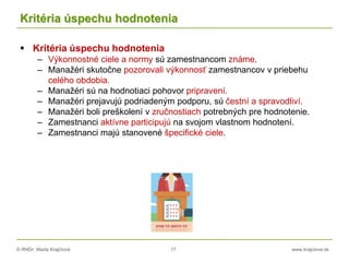 © RNDr. Marta Krajčíová 17 www.krajciova.sk
Kritéria úspechu hodnotenia
 Kritéria úspechu hodnotenia
– Výkonnostné ciele a normy sú zamestnancom známe.
– Manažéri skutočne pozorovali výkonnosť zamestnancov v priebehu
celého obdobia.
– Manažéri sú na hodnotiaci pohovor pripravení.
– Manažéri prejavujú podriadeným podporu, sú čestní a spravodliví.
– Manažéri boli preškolení v zručnostiach potrebných pre hodnotenie.
– Zamestnanci aktívne participujú na svojom vlastnom hodnotení.
– Zamestnanci majú stanovené špecifické ciele.
 