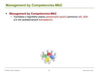 © RNDr. Marta Krajčíová 30 www.krajciova.sk
Management by Competencies-MbC
 Management by Competencies-MbC
– Vychádza z logického popisu pracovných pozícií pomocou rolí, úloh
a k nim požadovaných kompetencií.
 