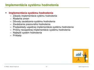 © RNDr. Marta Krajčíová 41 www.krajciova.sk
Implementácia systému hodnotenia
 Implementácia systému hodnotenia
– Zásady implementácie sytému hodnotenia
– Riadenie zmien
– Dôvody zavádzania systému hodnotenia
– Zavádzanie pracovného hodnotenia
– Predpoklady uspešnej implementácie systému hodnotenia
– Príčiny neúspešnej implementácie systému hodnotenia
– Najlepší systém hodnotenia
– Príklady
 