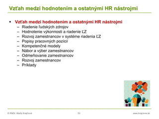 © RNDr. Marta Krajčíová 53 www.krajciova.sk
Vzťah medzi hodnotením a ostatnými HR nástrojmi
 Vzťah medzi hodnotením a ostatnými HR nástrojmi
– Riadenie ľudských zdrojov
– Hodnotenie výkonnosti a riadenie ĽZ
– Rozvoj zamestnancov v systéme riadenia ĽZ
– Popisy pracovných pozícií
– Kompetenčné modely
– Nábor a výber zamestnancov
– Odmeňovanie zamestnancov
– Rozvoj zamestnancov
– Príklady
 