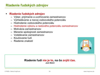 © RNDr. Marta Krajčíová 54 www.krajciova.sk
Riadenie ľudských zdrojov
 Riadenie ľudských zdrojov
– Výber, prijímanie a uvoľnovanie zamestnancov
– Vyhľadávanie a rozvoj vodcovského potenciálu
– Hodnotenie vodcovského potenciálu
– Hodnotenie výkonu a rastového potenciálu zamestnancov
– Motivácia zamestnancov
– Meranie spokojnosti zamestnancov
– Vzdelávanie zamestnancov
– Koučovanie ľudí
– Riadenie znalostí
Riadenie ľudí nie je to, na čo zvýši čas.
Jack Welch
 