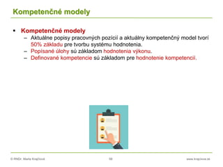 © RNDr. Marta Krajčíová 58 www.krajciova.sk
Kompetenčné modely
 Kompetenčné modely
– Aktuálne popisy pracovných pozícií a aktuálny kompetenčný model tvorí
50% základu pre tvorbu systému hodnotenia.
– Popísané úlohy sú základom hodnotenia výkonu.
– Definované kompetencie sú základom pre hodnotenie kompetencií.
 