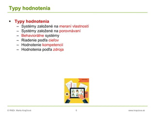 © RNDr. Marta Krajčíová 6 www.krajciova.sk
Typy hodnotenia
 Typy hodnotenia
– Systémy založené na meraní vlastností
– Systémy založené na porovnávaní
– Behaviorálne systémy
– Riadenie podľa cieľov
– Hodnotenie kompetencií
– Hodnotenia podľa zdroja
 