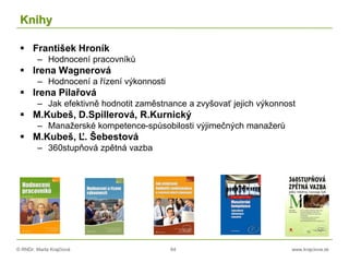 © RNDr. Marta Krajčíová 64 www.krajciova.sk
Knihy
 František Hroník
– Hodnocení pracovníků
 Irena Wagnerová
– Hodnocení a řízení výkonnosti
 Irena Pilařová
– Jak efektivně hodnotit zaměstnance a zvyšovať jejich výkonnost
 M.Kubeš, D.Spillerová, R.Kurnický
– Manažerské kompetence-spůsobilosti výjimečných manažerů
 M.Kubeš, Ľ. Šebestová
– 360stupňová zpětná vazba
 