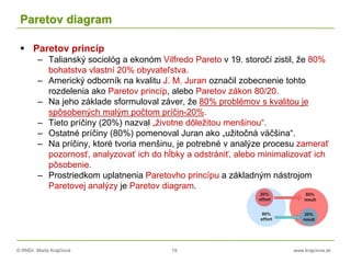 © RNDr. Marta Krajčíová 19 www.krajciova.sk
Paretov diagram
 Paretov princíp
– Talianský sociológ a ekonóm Vilfredo Pareto v 19. storočí zistil, že 80%
bohatstva vlastní 20% obyvateľstva.
– Americký odborník na kvalitu J. M. Juran označil zobecnenie tohto
rozdelenia ako Paretov princíp, alebo Paretov zákon 80/20.
– Na jeho základe sformuloval záver, že 80% problémov s kvalitou je
spôsobených malým počtom príčin-20%.
– Tieto príčiny (20%) nazval „životne dôležitou menšinou“.
– Ostatné príčiny (80%) pomenoval Juran ako „užitočná väčšina“.
– Na príčiny, ktoré tvoria menšinu, je potrebné v analýze procesu zamerať
pozornosť, analyzovať ich do hĺbky a odstrániť, alebo minimalizovať ich
pôsobenie.
– Prostriedkom uplatnenia Paretovho princípu a základným nástrojom
Paretovej analýzy je Paretov diagram.
 