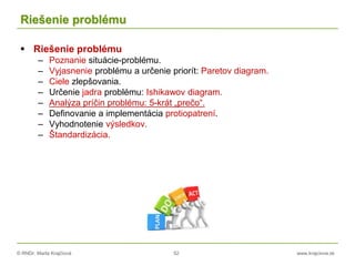 © RNDr. Marta Krajčíová 52 www.krajciova.sk
Riešenie problému
 Riešenie problému
– Poznanie situácie-problému.
– Vyjasnenie problému a určenie priorít: Paretov diagram.
– Ciele zlepšovania.
– Určenie jadra problému: Ishikawov diagram.
– Analýza príčin problému: 5-krát „prečo“.
– Definovanie a implementácia protiopatrení.
– Vyhodnotenie výsledkov.
– Štandardizácia.
 