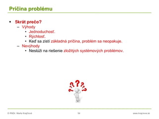 © RNDr. Marta Krajčíová 54 www.krajciova.sk
Príčina problému
 5krát prečo?
– Výhody
• Jednoduchosť.
• Rýchlosť.
• Keď sa zistí základná príčina, problém sa neopakuje.
– Nevýhody
• Neslúži na riešenie zložitých systémových problémov.
 