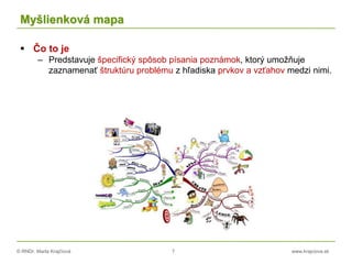 © RNDr. Marta Krajčíová 7 www.krajciova.sk
Myšlienková mapa
 Čo to je
– Predstavuje špecifický spôsob písania poznámok, ktorý umožňuje
zaznamenať štruktúru problému z hľadiska prvkov a vzťahov medzi nimi.
 