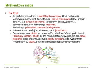 © RNDr. Marta Krajčíová 9 www.krajciova.sk
Myšlienková mapa
 Čo to je
– Je grafickým vyjadrením mentálnych procesov, ktoré prebiehajú
v obidvoch mozgových hemisférach - pravej rozumovej (fakty, analýzy,
závery ...) a ľavej emocionálnej (predstavy, obrazy, pocity...).
– Symbióza obidvoch hemisfér je kreativita.
– Rešpektuje prirodzené vlastnosti našej mysle.
– Informácie sú v našej mysli formulované jednoducho.
– Prostredníctvom väzieb sa na ne môžu nabaľovať ďalšie podrobnosti.
– Predstavy, obrazy, pocity sú pre nás omnoho motivujúcejšie ako slová.
– Myslenie nie je lineárne, ale tvorí zložitú štruktúru, kde významným
fenoménom sú väzby, súvislosti medzi jednotlivými informáciami.
 