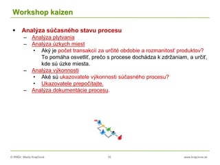 © RNDr. Marta Krajčíová 16 www.krajciova.sk
Workshop kaizen
 Analýza súčasného stavu procesu
– Analýza plytvania
– Analýza úzkych miest
• Aký je počet transakcií za určité obdobie a rozmanitosť produktov?
To pomáha osvetliť, prečo s procese dochádza k zdržaniam, a určiť,
kde sú úzke miesta.
– Analýza výkonnosti
• Aké sú ukazovatele výkonnosti súčasného procesu?
• Ukazovatele prepočítajte.
– Analýza dokumentácie procesu.
 
