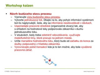 © RNDr. Marta Krajčíová 17 www.krajciova.sk
Workshop kaizen
 Návrh budúceho stavu procesu
– Vypracujte víziu budúceho stavu procesu.
– Vytvorte jednokusový tok. Dbajte na to, aby pohyb informácií systémom
bol čo najplynulejší, teda, aby sa informácie neodovzdávali v dávkach.
– Usporiadajte pracovné strediská (organizačné útvary) tak, aby
s ohľadom na hodnotové toky podporovala zákazníka v duchu
jednokusového toku.
– V situáciách, kedy treba odstrániť odovzdávanie, využívajte
medzifunkčné tímy, ktoré pracujú na jednom mieste.
– Určte manažéra hodnotového toku, ktorý bude od začiatku do konca za
služby zodpovedný z hľadiska zákazníka.
– Vyrovnávajte počet transakcií kde je to len možné, aby bola vyvážená
pracovná záťaž.
 