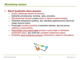 © RNDr. Marta Krajčíová 18 www.krajciova.sk
Workshop kaizen
 Návrh budúceho stavu procesu
– Kvalitu začleňujte priamo do procesu.
– Odstaňte schvaľovanie, kontroly, cykly, previerky.
– Štandardizujte činnosti a prácu jasne a názorne zdokumentujte.
– Odstráňte prebytočné systémy, ako napríklad zjednocovanie stanovísk
medzi rôznymi ľuďmi.
– Používajte vizuálne pomôcky a kontrolné nástroje, aby bol proces
viditeľný a zrozumiteľný.
– Prepočítajte nové ukazovatele procesu a porovnajte s hodnotami
súčasného stavu, aby mohli byť vyčíslené očakávané úspory.
– Predložte návrh budúceho procesu vrcholovému vedeniu k schváleniu.
 