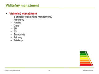© RNDr. Marta Krajčíová 38 www.krajciova.sk
Viditeľný manažment
 Viditeľný manažment
– 3 princípy viditeľného manažmentu
– Problémy
– Realita
– Ciele
– 5M
– 5S
– Štandardy
– Prínosy
– Príklady
 