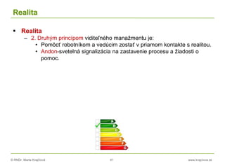 © RNDr. Marta Krajčíová 41 www.krajciova.sk
Realita
 Realita
– 2. Druhým princípom viditeľného manažmentu je:
• Pomôcť robotníkom a vedúcim zostať v priamom kontakte s realitou.
• Andon-svetelná signalizácia na zastavenie procesu a žiadosti o
pomoc.
 