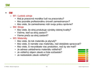 © RNDr. Marta Krajčíová 43 www.krajciova.sk
5M
 5M
– M1: Ľudské zdroje
• Aká je pracovná morálka ľudí na pracovisku?
• Ako poznáte profesionálnu úroveň zamestnancov?
• Ako viete, že zamestnanec robí svoju prácu správne?
– M2: Stroje
• Ako viete, že stroj produkuje výrobky dobrej kvality?
• Vidíme, keď sa stroj zastaví?
• Vieme prečo sa stroj zastavil?
– M3: Materiály
• Ako viete, že tok materiálu je plynulý?
• Ako viete, či nemáte viac materiálu, než dokážete spracovať?
• Ako viete, či nevyrábate viac produktov, než by ste mali?
• Je adresa uskladnenia materiálu viditeľná?
• Je viditeľný objem zásob a čísla súčiastok?
• Je nedostatok zásob viditeľný?
 