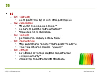 © RNDr. Marta Krajčíová 45 www.krajciova.sk
5S
 5S
– S1: Roztrieďte
• Sú na pracovisku iba tie veci, ktoré potrebujete?
– S2: Usporiadajte
• Má všetko svoje miesto a adresu?
• Sú čiary na podlahe riadne označené?
• Neprekáža nič na chodbách?
– S3: Prečistite
• Sú zariadenia, podlahy a steny čisté?
– S4: Štandardizujte
• Majú zamestnanci na sebe vhodné pracovné odevy?
• Používajú ochranné okuliare, rukavice?
– S5: Udržujte
• Sú viditeľné povinnosti každého zamestnanca?
• Existujú štandardy?
• Dodržiavajú zamestnanci tieto štandardy?
 